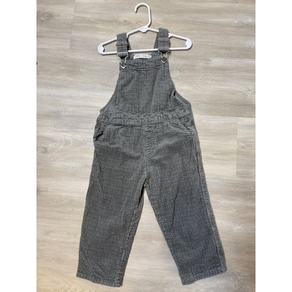 Zara Kids Charcoal Gray Wide Wale Corduroy Overalls Adjustable Straps Size 3 98